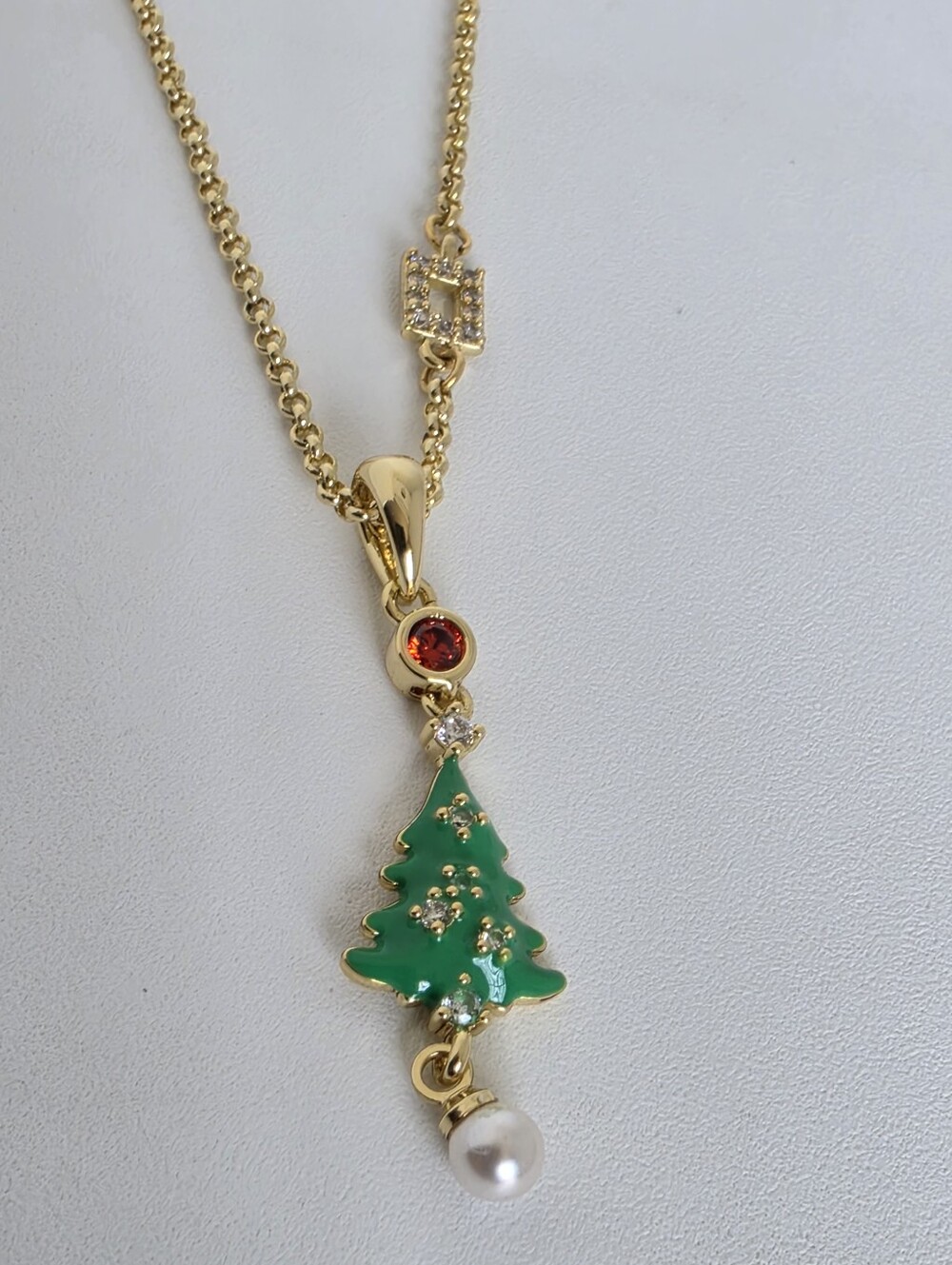 Gold Plated Christmas Tree Pendant Necklace Green Enamel Holiday 18"